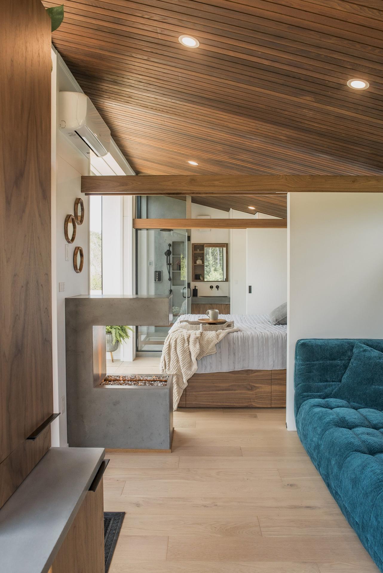 Living Room and Bedroom - Refuge Bay Halcyon Stay by Fritz Tiny Homes