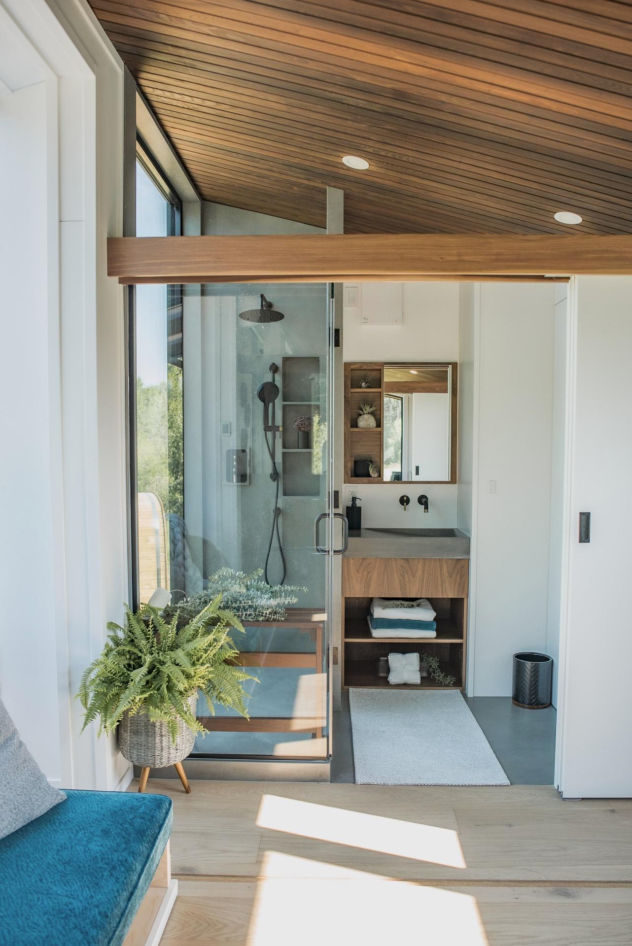 Glass Door Between Bedroom and Bathroom - Refuge Bay Halcyon Stay by Fritz Tiny Homes